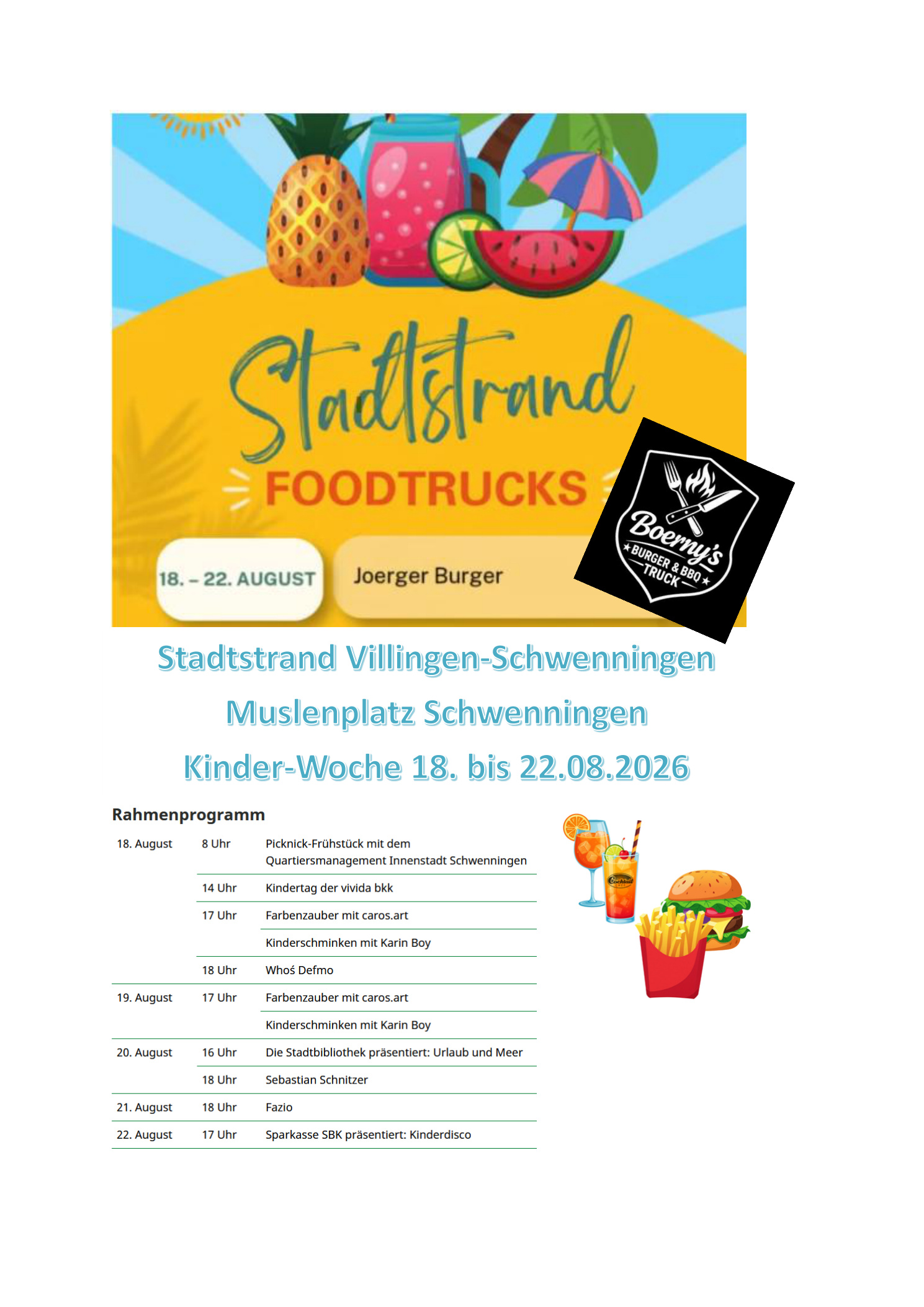 Boerny’s Foodtruck beim Stadtstrand Villingen-Schwenningen vom 18. bis 22. August 2026